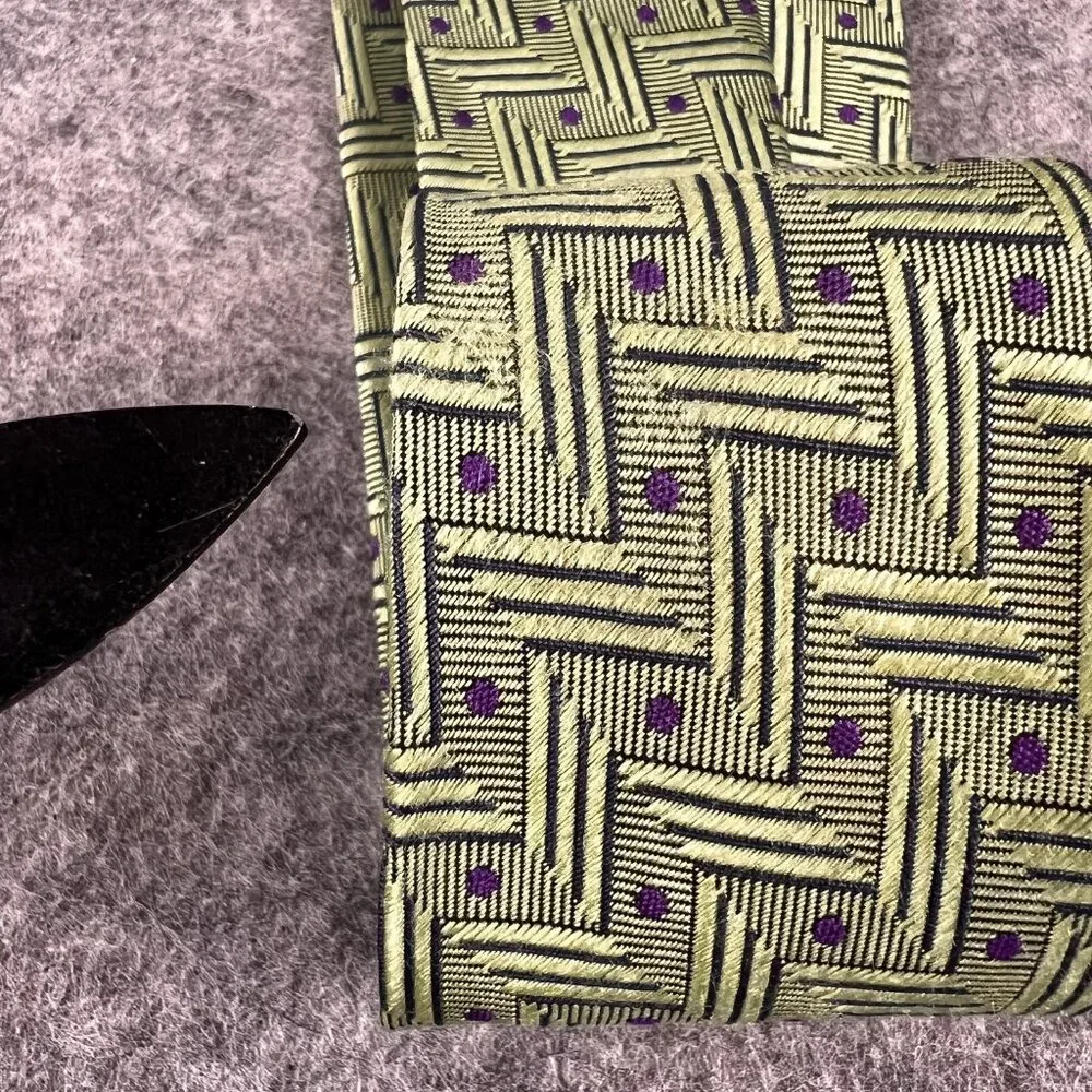 Michael Newell Mens Tie Green Purple Geometric Zig Zag Polka Dot Silk Neckwear